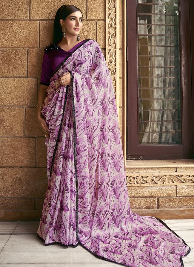 Sattin Silk Purple Festival Wear Printed Saree